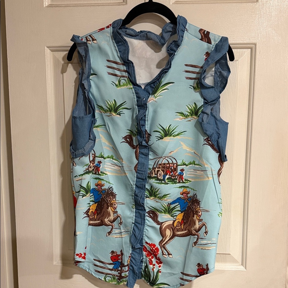 Women's Sleeveless Cowboy Print Button Down Shirt